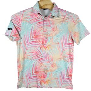 Sunday Swagger Polo Shirt Mens Medium Blue Tropical Palm Leaf Golf Performance